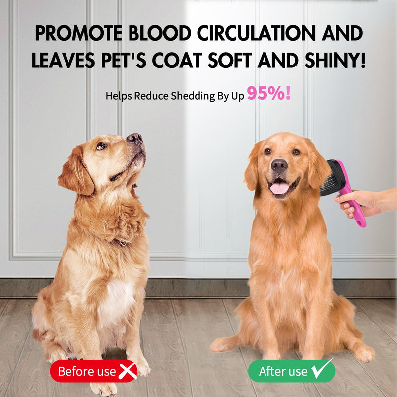 Dog Self Cleaning Slicker Brush for Shedding, Ideal for Short Long Haired Dogs, Including Cat. Removes Loose Fur, Undercoat, Mats, Tangled Hair. Suit for Small Medium Large Animal, Pink