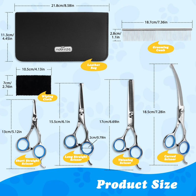 Nobleza Dog Grooming Scissors Set 6 in 1, Dog Curved Scissors, Thinning Scissors, Long and Short Straight Scissors Kit with Combs, Professional Stainless Steel Pet Scissors for Puppy Cat Hair Trimming Silver - PawsPlanet Australia