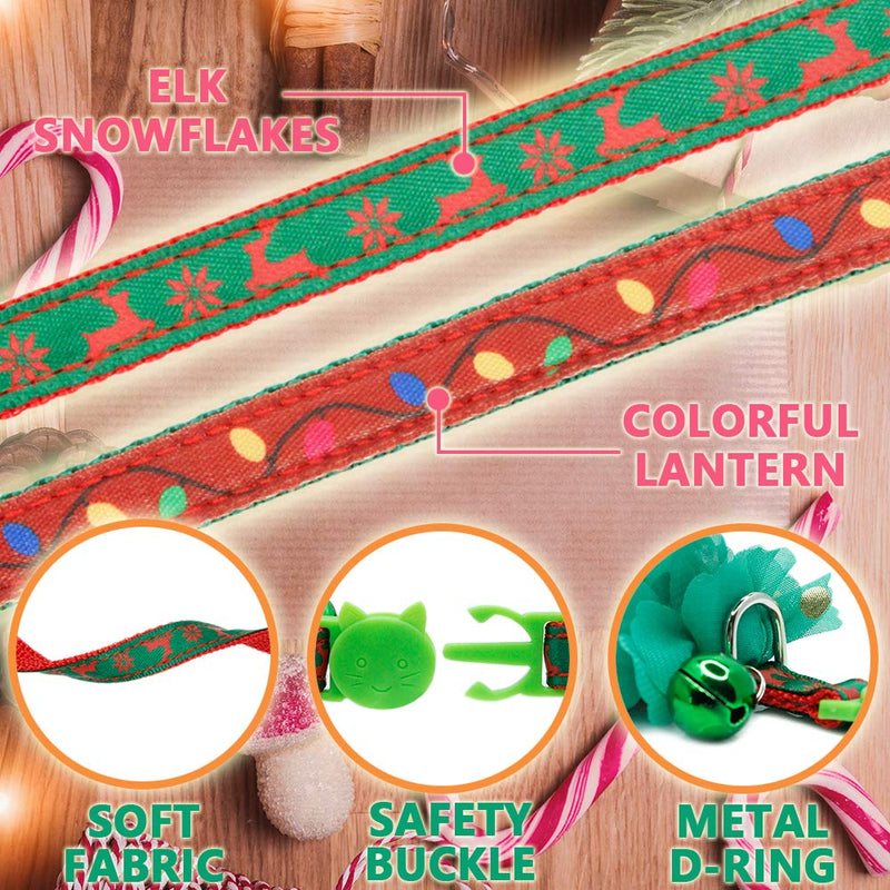 Christmas Cat Collar with Bell - 2 Pack Breakaway Adjustable Flower Cat Collars, Elk & String Lights Pattern Cute Pet Collars Set Holiday Decoration for Cats, Kitten, Small Animals Green and Red