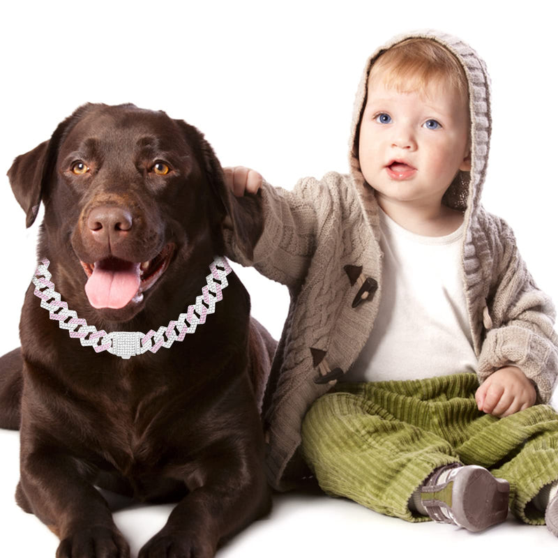 Metal Diamond Dog Chain Dog Training Chain with Secure Buckle Pet Collars for Large Medium Dogs 16in Pink white - PawsPlanet Australia