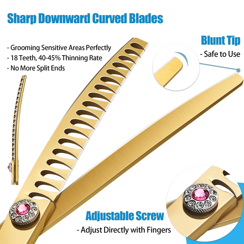 7" Downward Curved Dog Grooming Scissors for Grooming Face and Paws Safety Dog Chunker Trimming Cutting Shears for Dog Cat Pet Grooming Gold 7" Gold Chunker - PawsPlanet Australia