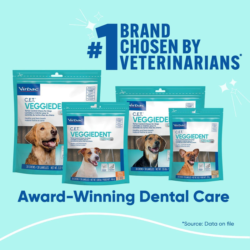 Virbac C.E.T.® VEGGIEDENT® FR3SH® Tartar Control Chews for Dogs with digestive health support, VOHC Approved, Medium 22-66lbs 1.55 Pound (Pack of 1) - PawsPlanet Australia