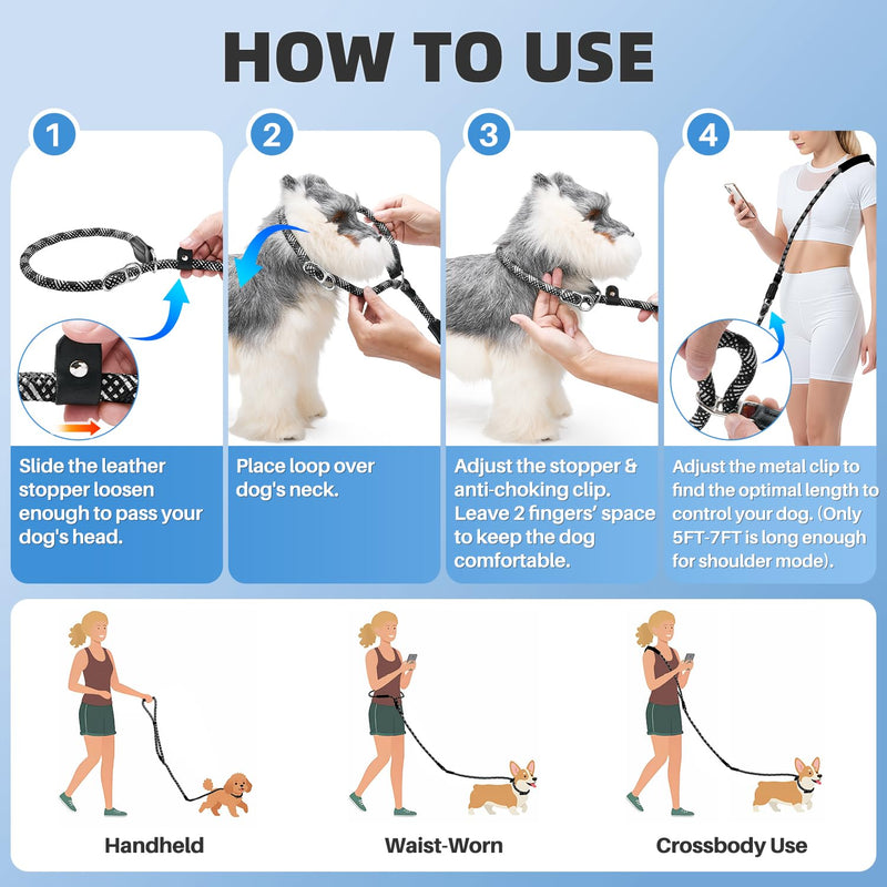 SlowTon Slip Lead for Dogs - Hands Free No Tangle Adjustable 5-7 FT 1/2” Rope, Heavy Duty Nylon Leash for Large Medium Dogs That Pull, No Pull Training Slip Leashes, 20-120lb, Black - PawsPlanet Australia