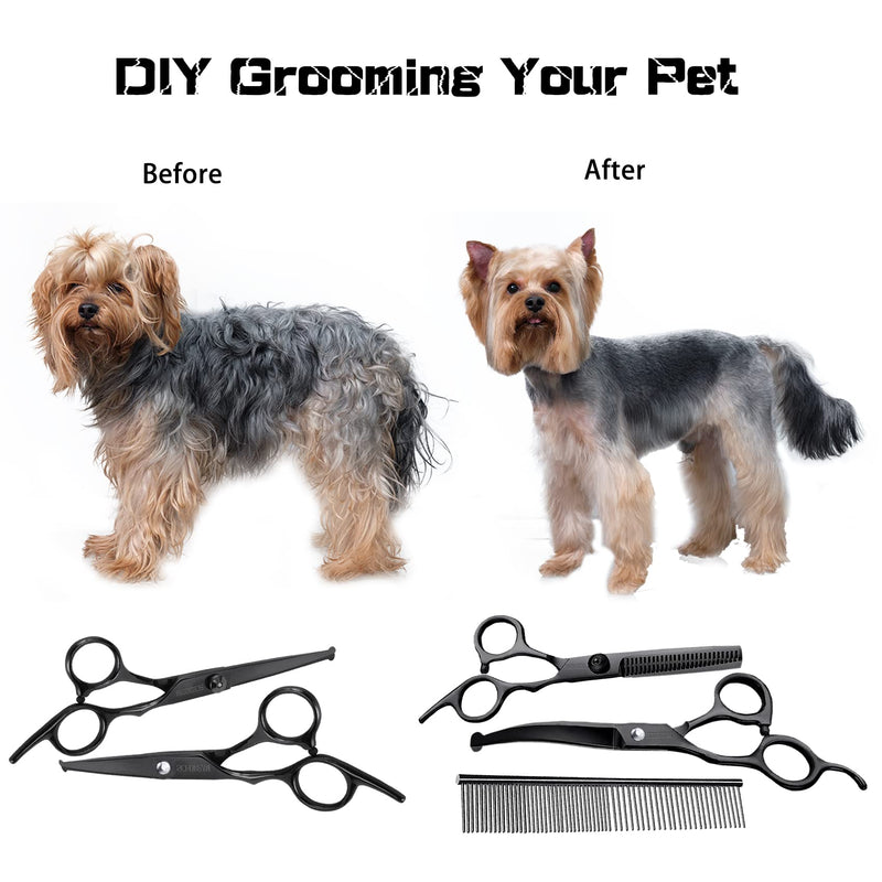 Dog Grooming Scissors Kit with Safety Round Tips, Professional 6 in 1 Grooming Scissors for Dog, Cats, Pets, 4CR Stainless Steel, Sharp and Durable 6 in 1 Black - PawsPlanet Australia