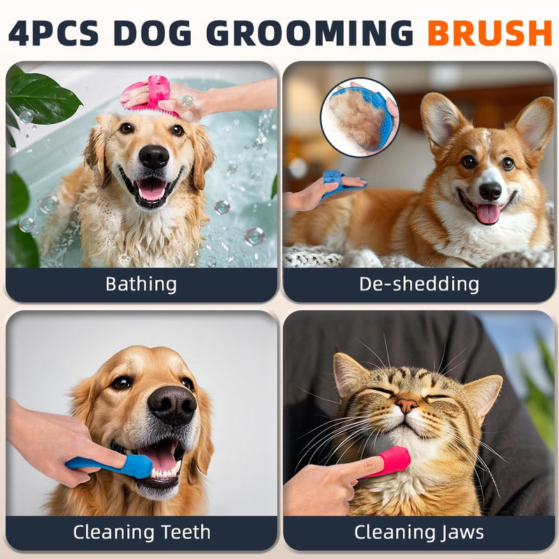4PCS Dog Bath Brush | Dog Scrubber for Bath | Dog Shampoo Brush | Dog Toothbrush | Dog Finger Toothbrush | Dog Shower/Washing Brush with Adjustable Ring Handle - Dog Bath Supplies (Blue Red) - PawsPlanet Australia