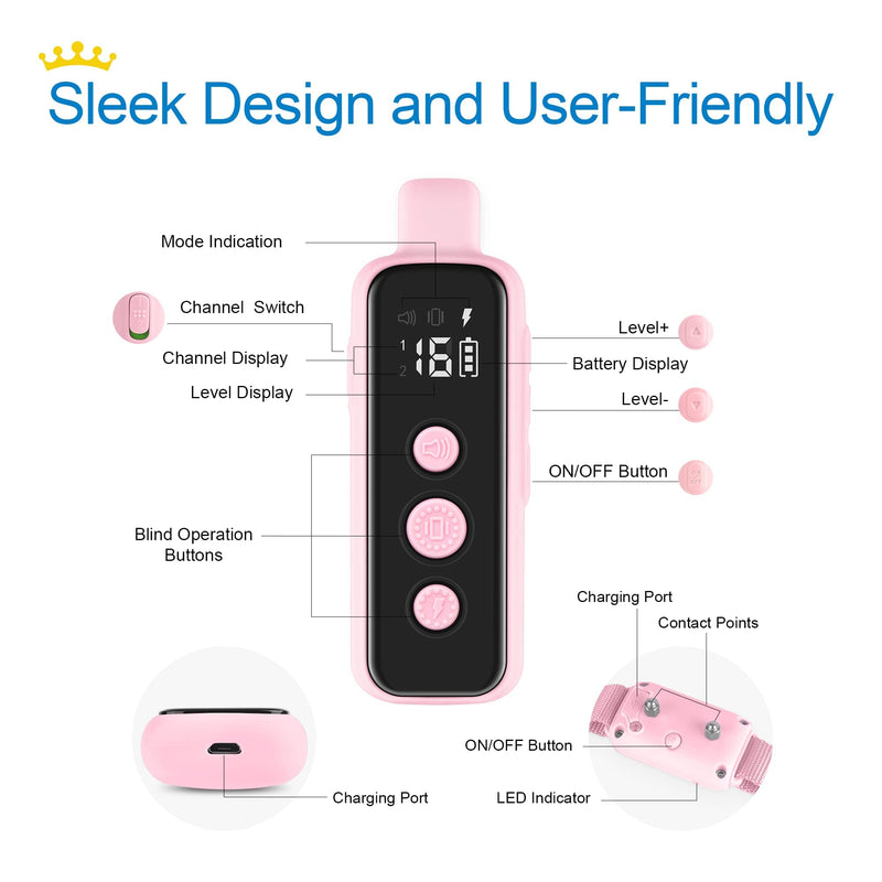 Bousnic Dog Shock Collar for 2 Dogs - (8-120lbs) Waterproof Rechargeable Electric Dog Training Collar with Remote for Small Medium Large Dogs with Beep Vibration Safe Shock Modes(Pink) Pink - PawsPlanet Australia