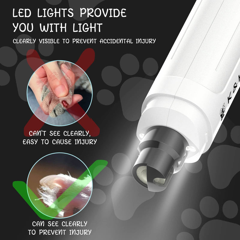 K&K Dog Nail Grinder with 2 LED Light for Large Medium Small Dogs Professional 2-Speed Powerful Electric pet Nail Clipper which Gentle and Painless Paws Grooming & Smoothing Tool (White) White - PawsPlanet Australia