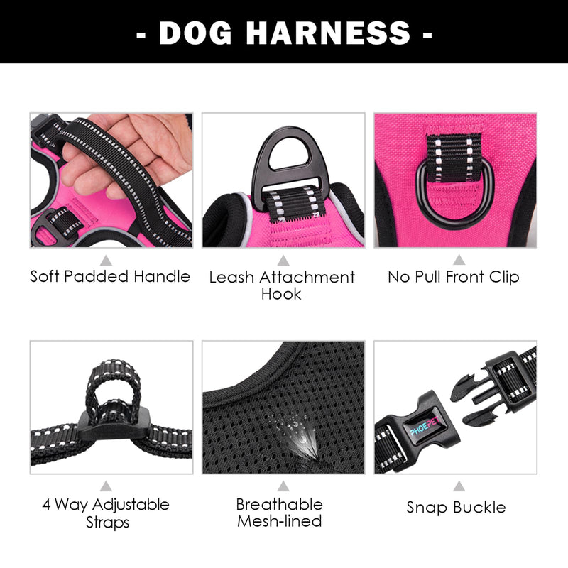 PHOEPET No Pull Dog Harness Medium Reflective Front Clip Vest with Handle,Adjustable 2 Metal Rings 3 Buckles,[Easy to Put on & Take Off](M, Pink) - PawsPlanet Australia