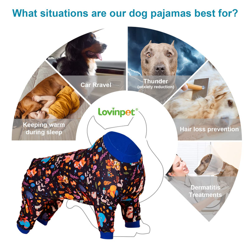 LovinPet Full Onesie for Large Dog, Lightweight Stretchy Fabric, Woodland Musicians Black Print, Pet Pajamas for Dogs, UV Protection, Lage Breed Dog Jammies, Pet PJ's, Pitbull Clothes, XL X-Large Black Blue - PawsPlanet Australia