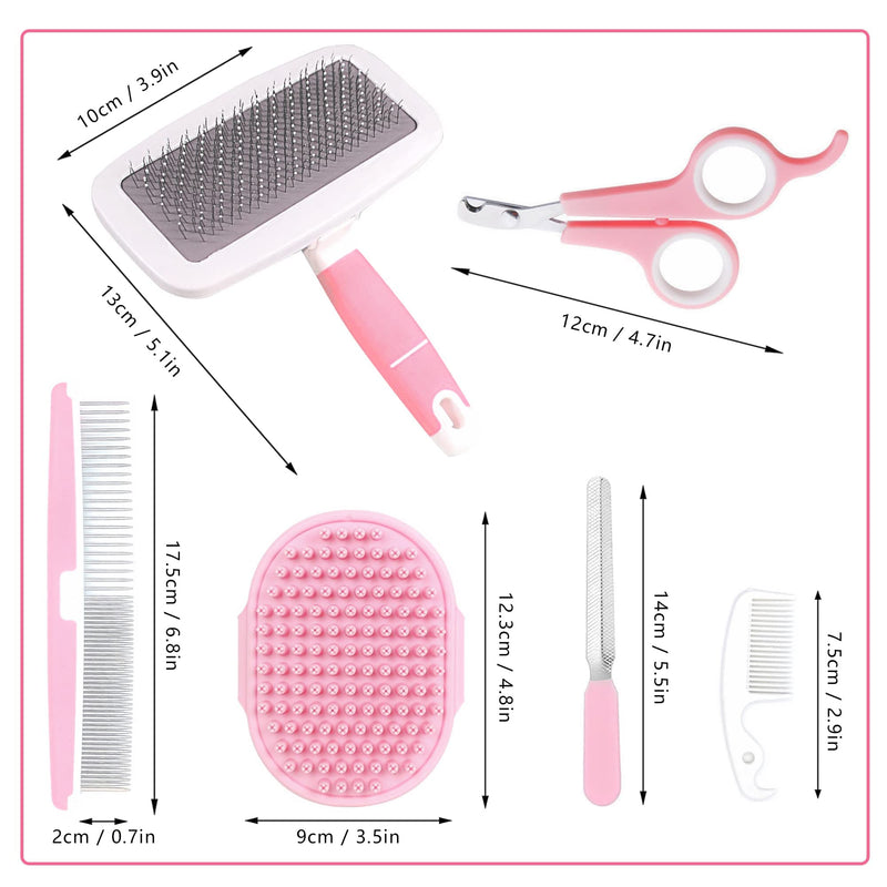 Small Animal Pet Grooming Kit with Pet Shedding Slicker Brush, Bath Massage Glove, Pet Grooming Comb, Nail Clipper Trimmer for Rabbit, Puppy, Kitten, Guinea Pig, Hamster, Ferret (Pink) Pink