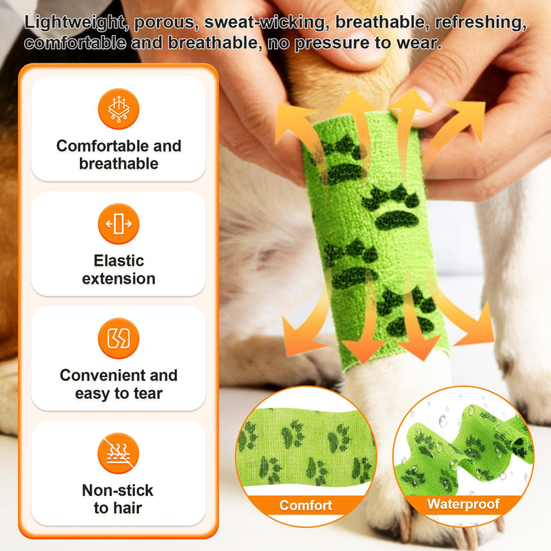 10 Pack Self Adhesive Bandage Wrap，2" X 5 Yards Elastic Cohesive Bandage Wrap Non-Woven Tape Breathable First Aid Tape,Vet Wrap for Horses Dogs Pets,Cat, Bird, Animal（5 Colors ） (Claw Print) Claw Print