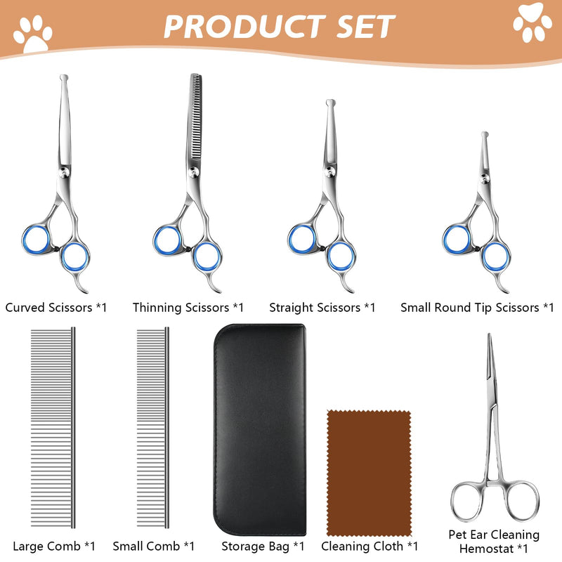 Niura Pet Grooming Scissors Set - Professional Stainless Steel Grooming Kit with Curved, Straight, Thinning, Round Tip Scissors, Combs, Ear Cleaning Hemostat Forceps & Storage Bag - PawsPlanet Australia