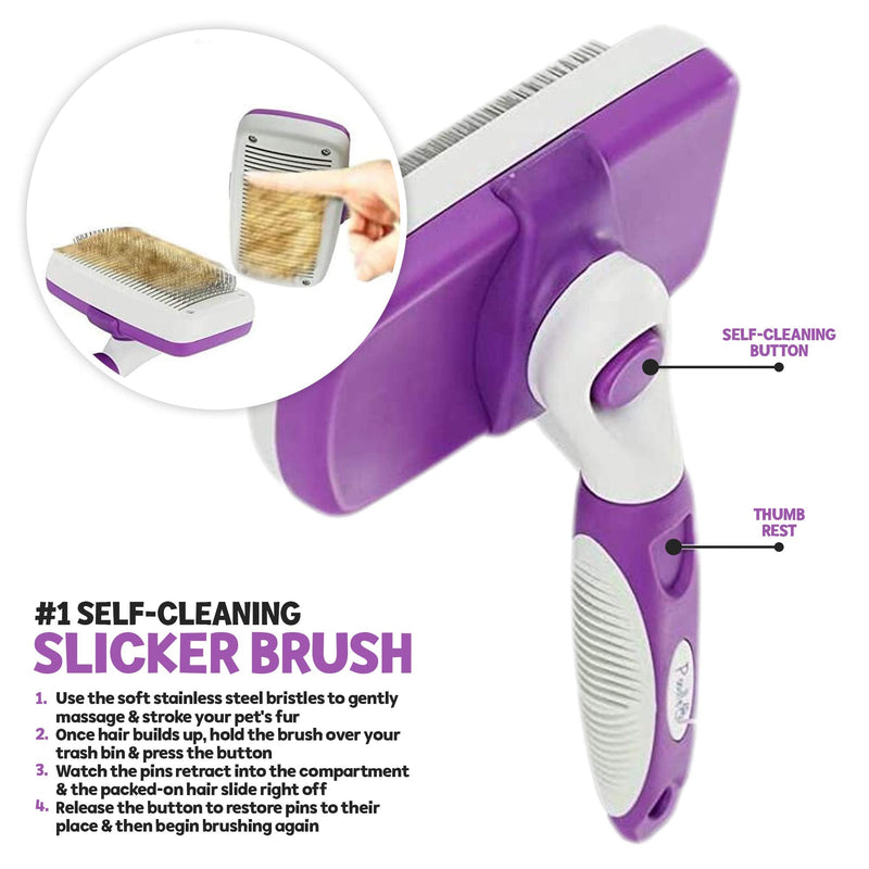 POODLIE Dog Grooming Brush, Self Cleaning Slicker Brush for Dogs and Cats - Removes Tangles, Loose Hair - Poodles, Pomeranians, Yorkies, Soft Pins - Purple 1 Count (Pack of 1) - PawsPlanet Australia