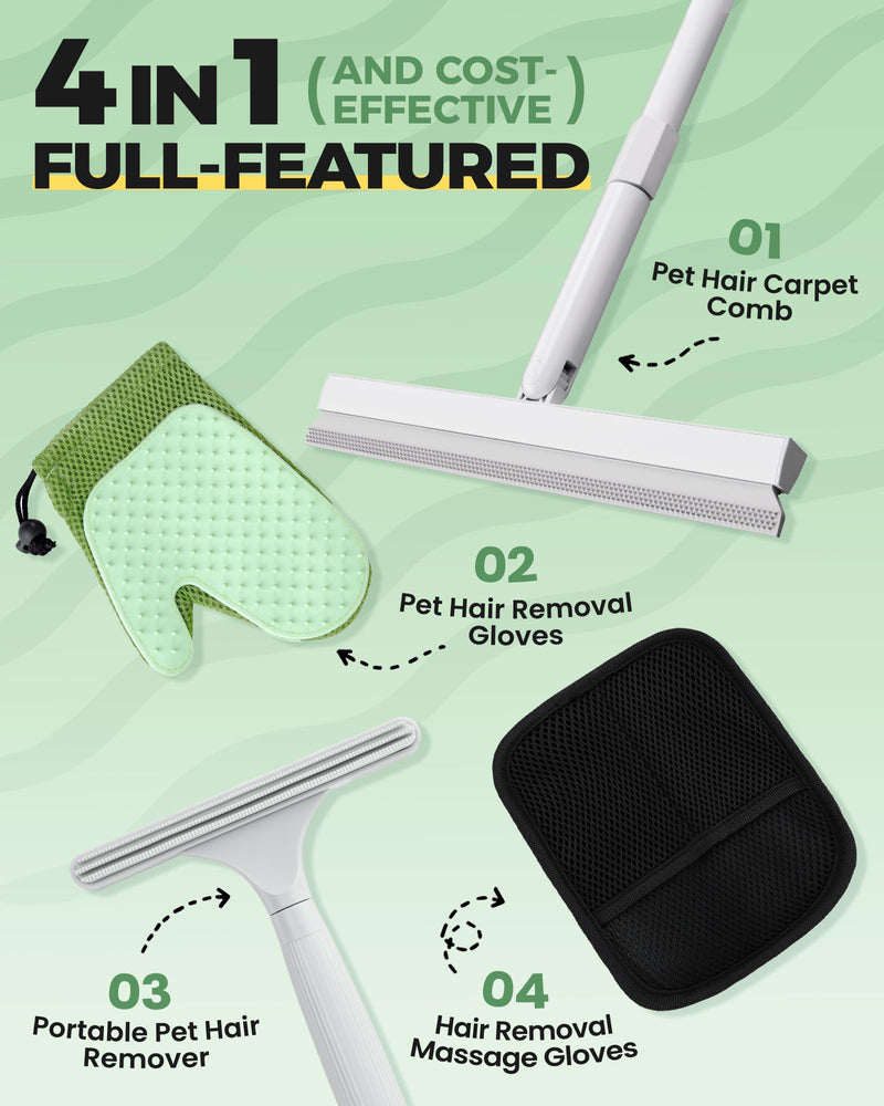 Carpet Rake for Pet Hair Removal Tool - 4 in 1 Pet Hair Remover Kit for Dog Cat Fur Remover, Contain 60" Adjustable Rubber Broom, Glove, Magic Brush and Scraper for Home Furniture, Rugs, Mats - PawsPlanet Australia