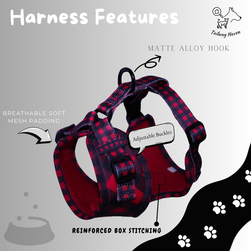 Dog Harness and Leash Set, No Pull Adjustable Soft Padded Vest, No Choke (Medium, Red Plaid) Medium - PawsPlanet Australia