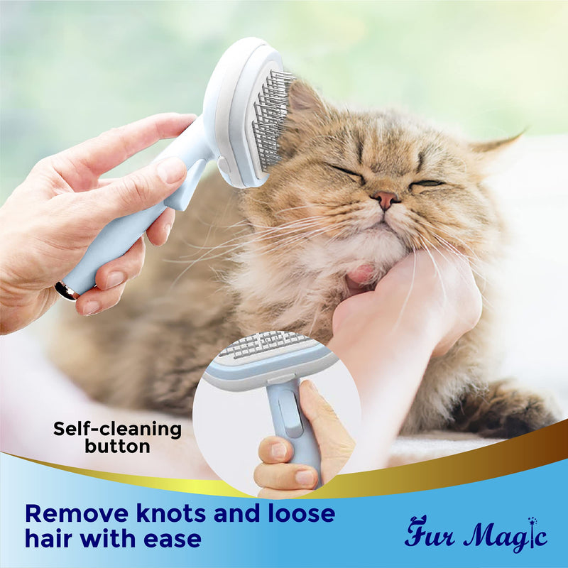 Fur Magic Deshedding Brush, Dematting Tool and Self Cleaning Slicker Brush, 3 in 1 Grooming Kit for Large and Small Dogs and Cats to Reduce Shedding, Blue Blue 3-in-1 Kit