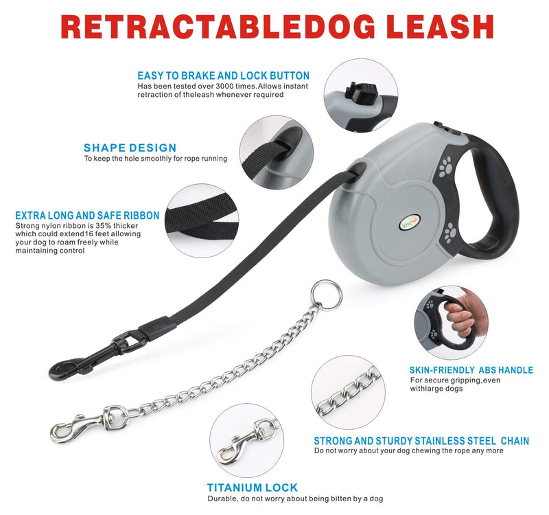 Idepet Heavy Duty Retractable Dog Leash for Small and Medium Dogs, Anti-Chewing Steel Chain 360 Degree Tangle-Free,Break and Lock System,16ft Leash for Dog Walking (Grey, Flat Rope) Grey - PawsPlanet Australia