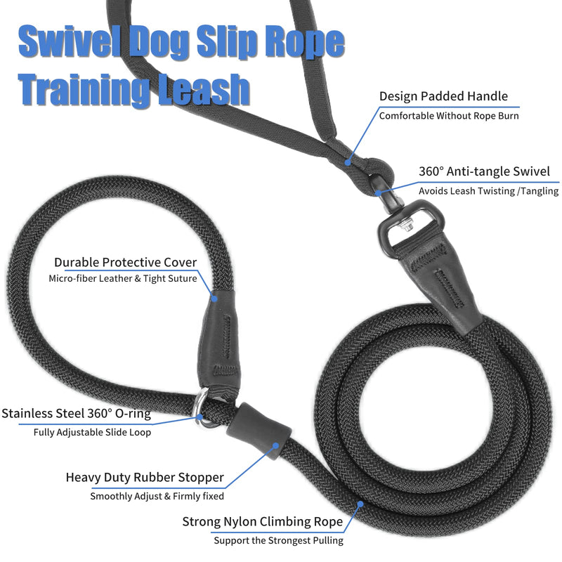 Heydoggy Slip Lead Dog Leash - Strong 4FT/6FT Training Lead [360 Swivel Anti-Tangle] Durable Nylon No Pull Walking Rope for Small Medium Large Puppy Dogs - 6ft Black 6ft x 0.45" - PawsPlanet Australia