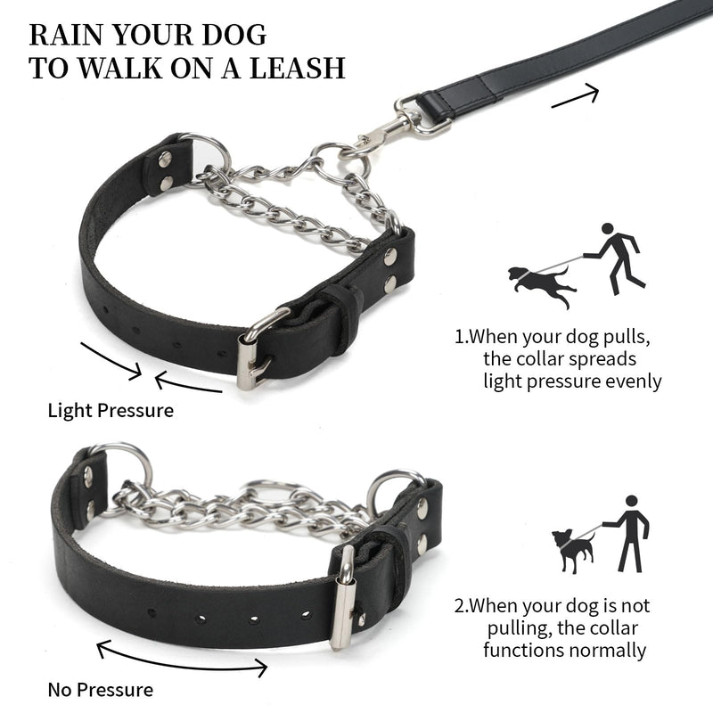 Leather Martingale Dog Collar No Pull Design Limited Stainless Steel Chain Cinch Training Dog Collar Adjustable Training No Slip Dog Collar for Large Dogs(Black Neck 15"-19.7") Black Large( Neck 15"-19.7", Width 1") - PawsPlanet Australia