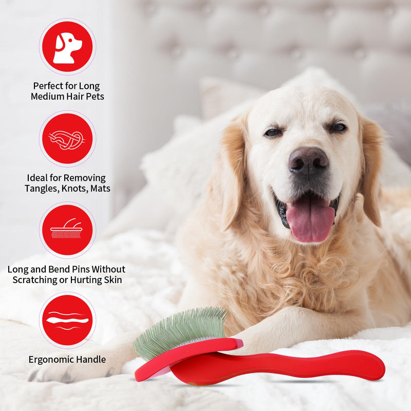 Dog Slicker Brush for Shedding and Grooming Medium or Long Haired Cats, Extra Long & Soft Pin Slicker Brush for Removes Loose Hair, Tangles, Knots, Undercoat, Free Pet Comb, Large Red - PawsPlanet Australia