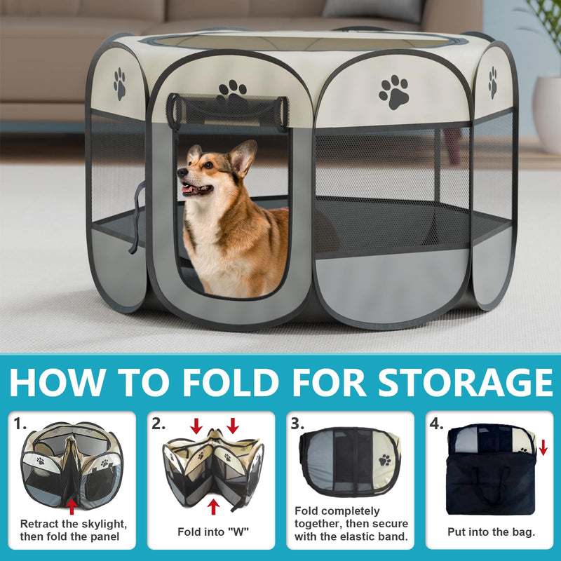 Foldable Puppy Playpen 28" x 28" x 18" Portable Cat Playpen Dog Pen for Puppies, for Small Animals Offwhite 8 S - PawsPlanet Australia