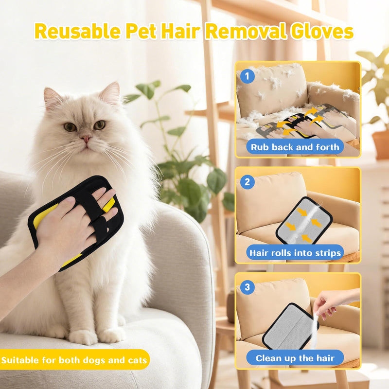 Electrostatic Pet Hair Removal Glove - Reusable Pet Hair Removal Glove with Cleaning Brush & Flea Comb for Cats & Dogs, Washable for Clothing, Couch, Carpet, Car Seat (Black/Yellow) - PawsPlanet Australia