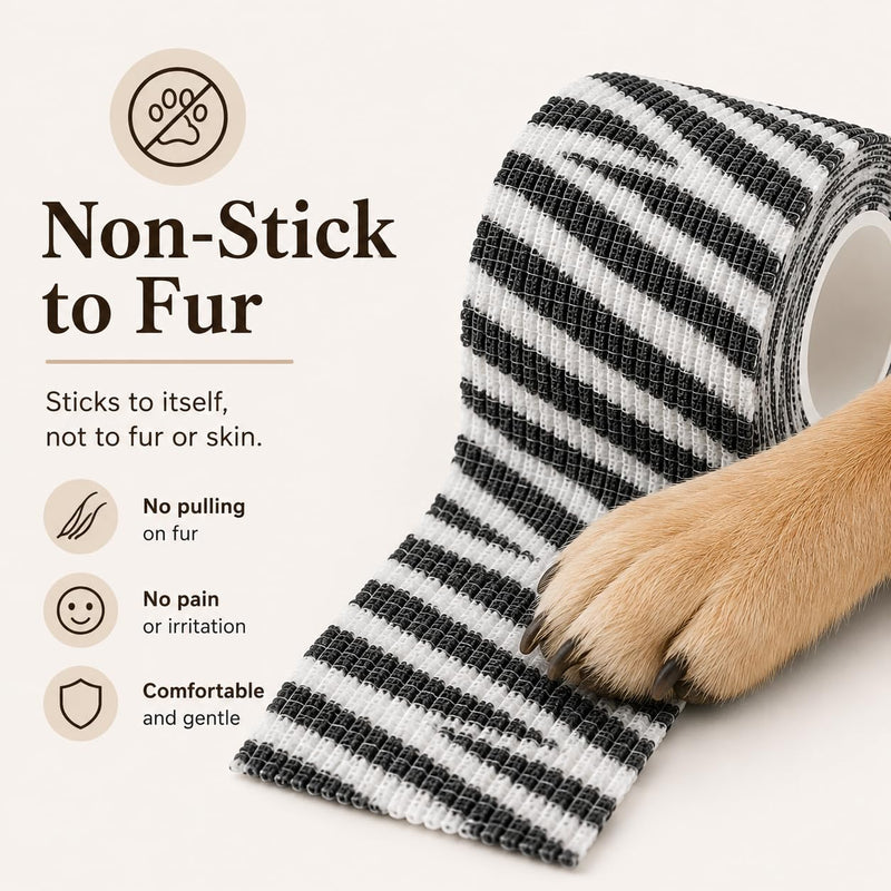 Premium Pet Vet Wrap — Non-Stick to Fur Self Adherent Bandage Wrap for Dogs, Cats & Horses, Breathable Cohesive Tape for Wounds, Paws & Legs, Animal Print Design - Pack of 2 Zebra Print