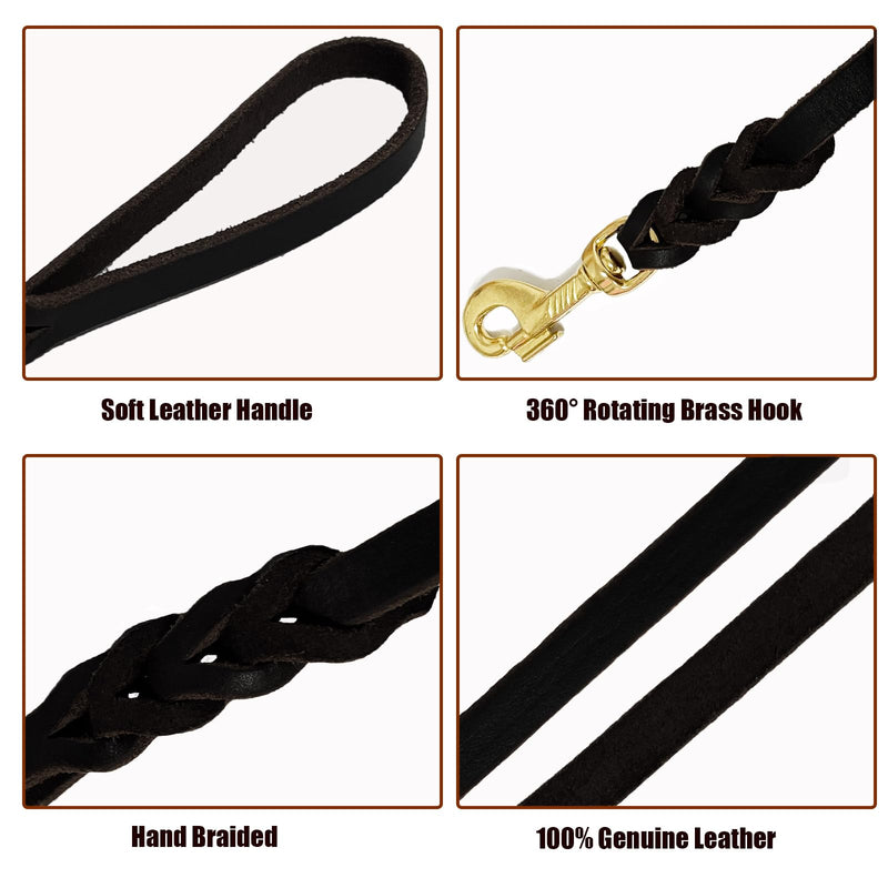 LWBMG Long Leather Dog Leash 15ft,Long Line Pet Leashes,Strong Sturdy Genuine Leather Braided Dog Lead, Soft and Comfortable Leash for Medium and Small Dogs Training Black 15ftx1/2''