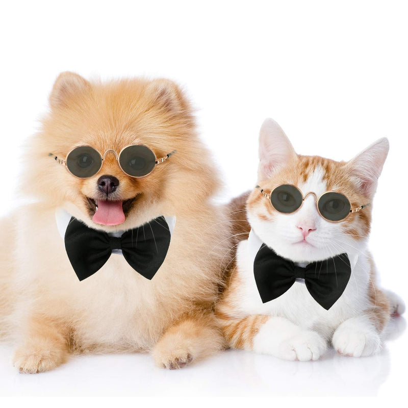 2 Pieces Pets Dog Cat Bowtie Tie Sunglasses Pet Costume Adjustable Formal Necktie Collar for Cats Small Dogs Puppy Round Metal Cat Classic Retro Sunglasses Grooming Accessories Cosplay Party