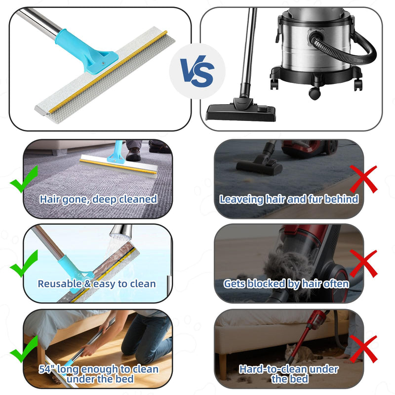 Carpet Rake for Pet Hair Removal - 54" Adjustable 2 in 1 Carpet Broom with Copper Rake Scraper & TPU Brush, Reusable Cat Dog Hair Remover Tool for Deep Cleaning Carpets, Rugs, Mats, and Stairs (Blue) Blue Pro+Mini+Glove - PawsPlanet Australia