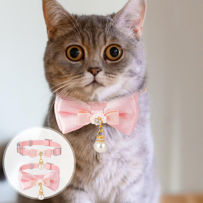 2 Pcs Adorable Cat Collar with Bow Cat Collar Breakaway Pink Cats Bows & Accessories Adjustable Cute Kitten Collars with Pearl Pendant for Girl Cats Pink - PawsPlanet Australia