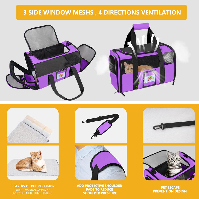 Cat Carrier Pet Carriers Airline Approved for Small Dogs Kitten Carrier for Small Medium Animals Under 15lb, Collapsible Soft Sided Travel Carrier, Purple - PawsPlanet Australia