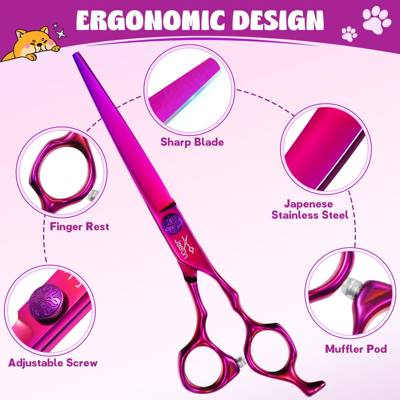 JASON Dog Grooming Scissors Set - Professional 6 in 1 Dog Shears Set - 7" Curved Thinner, 7" Straight, 7" Up-Curved, 7" Down-curved Scissors and Comb for Dog Cat Pet with Adjustable Screw Curved Thinner Set - PawsPlanet Australia