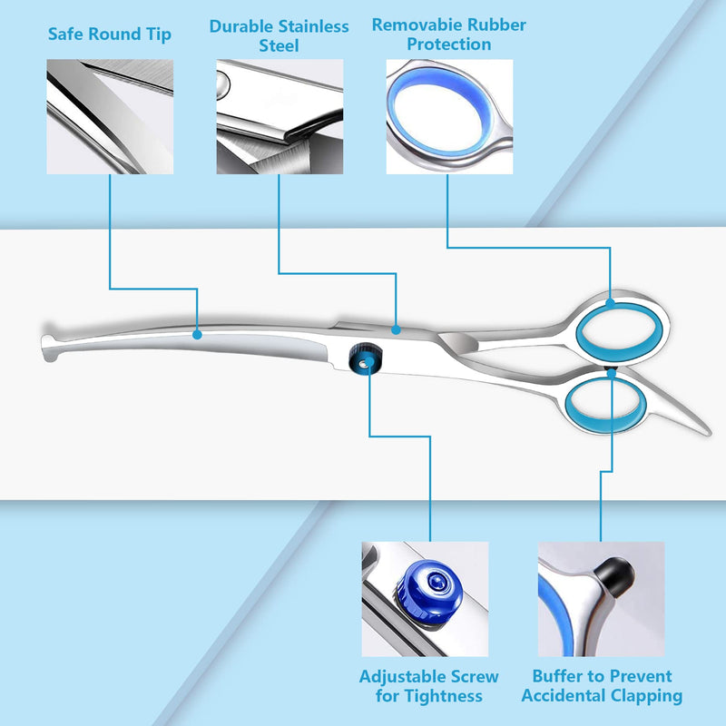 Dog Grooming Scissors with Safety Round Tips, Heavy Duty Titanium Pet Grooming Trimmer Kit, Professional Thinning Shears, Straight Scissors with Comb for Dogs and Cats (Set of 3) Silver Set of 3 - PawsPlanet Australia
