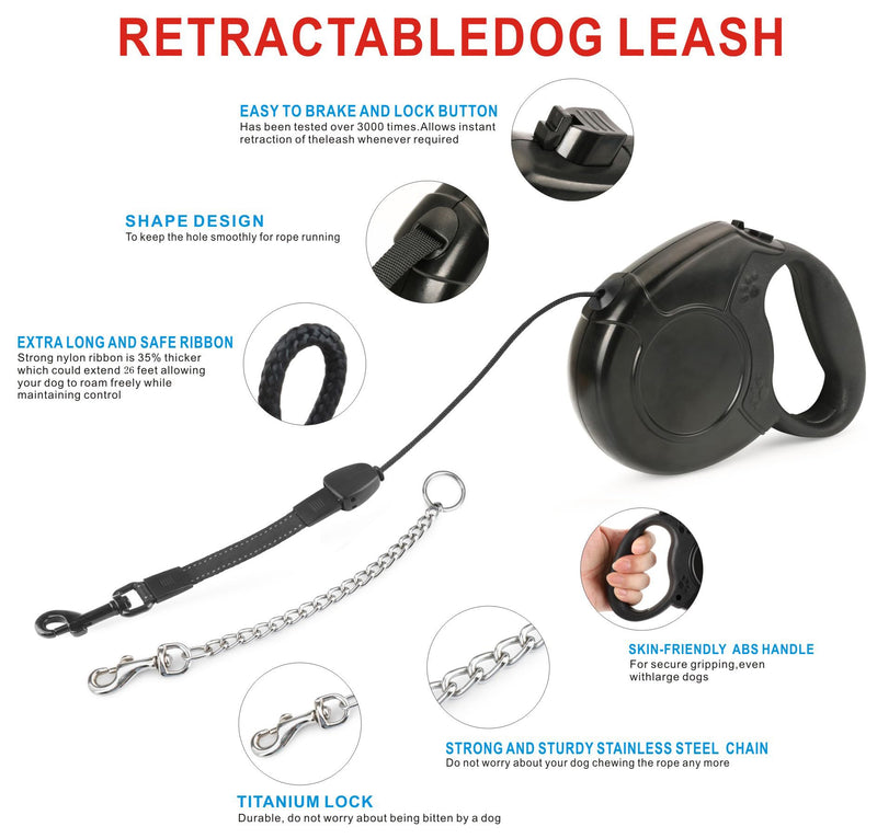 Idepet Heavy Duty Retractable Dog Leash for Small and Medium Dogs, Anti-Chewing Steel Chain Design,360 DegreeTangle-Free,Break and Lock System,26ft Leash Dog Walking (Black, Round Rope) Black - PawsPlanet Australia