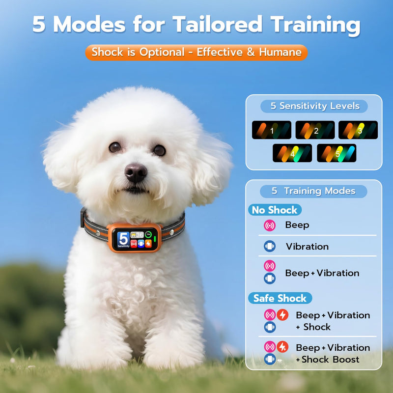 Bark Collar for Small Medium Large Dogs 8-100lbs | Upgraded Smart AI Anti Barking Collar w/AirTag Holder, 5 Modes (Beep/Vib/Safe Shock), Adjustable Sensitivity, Bark Counter, Rechargeable Waterproof Orange