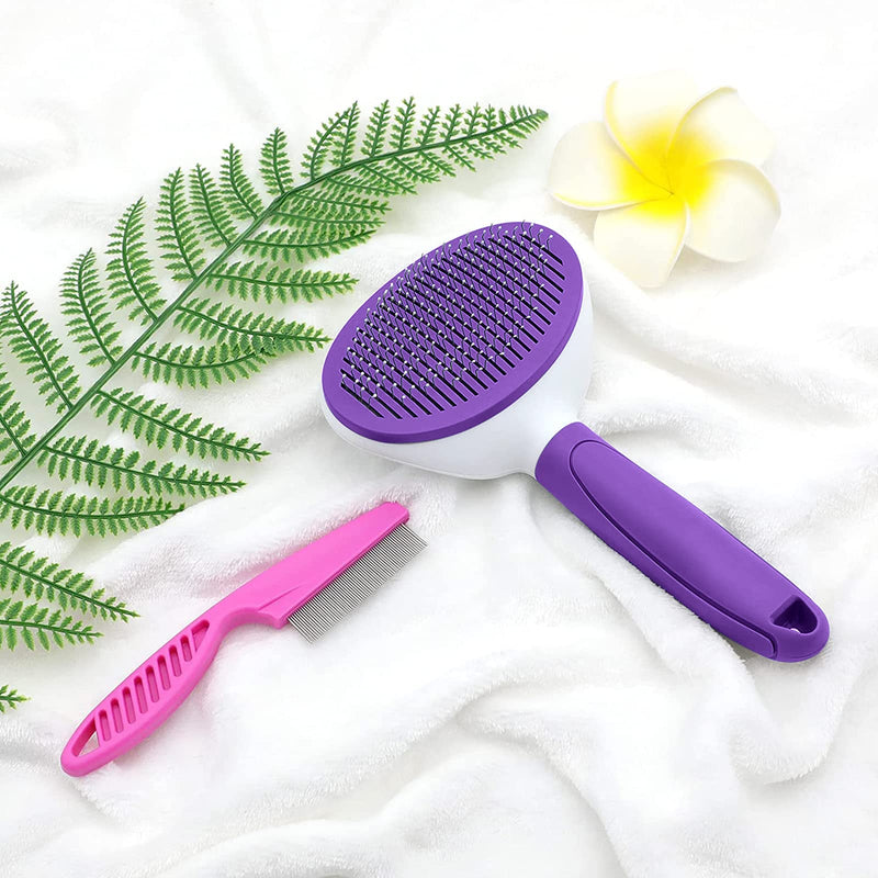Cat Brushes for Indoor Cats, Dog Brush for Shedding with Metal Cat Comb, Self Cleaning Pet Hair Brush with Release Button for Grooming Kitten(Purple) Purple - PawsPlanet Australia