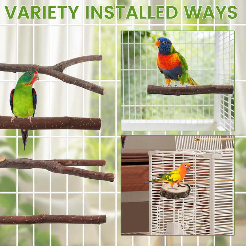 BILLIOTEAM 9PCS Apple Wood Bird Perches, Natural Parrot Stand & Chewing Toy with Multi-Branch, Straight Perch Stand, Platform & Climbing Rope, Cage Accessories for Parakeets, Cockatiels, Budgies