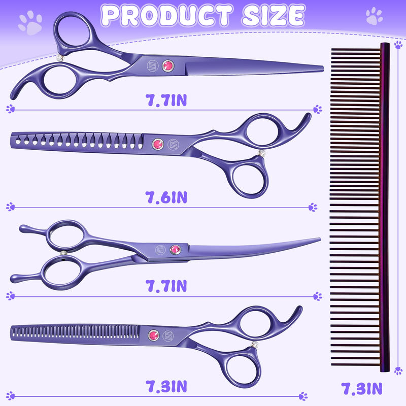 Moontay Dog Grooming Scissors Set Professional, 7 Inch Pet Grooming Scissors, 8 in 1 Straight, Curved, Thinning, Fishbone Scissors with Comb, Tension Adjuster, Cleaning Cloth and Storage Case, Purple