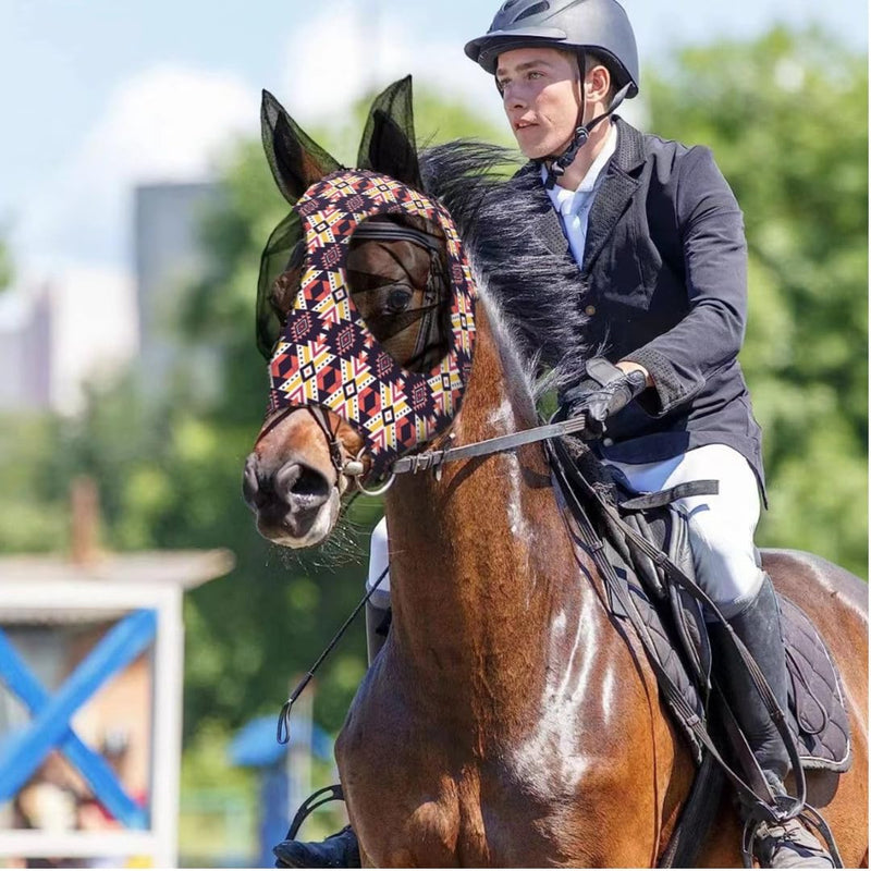 Horse Fly Mask with Ears, Breathable Soft Mesh, UV Protection, Comfortable Large Eye Space, Durable Secure Fit, Stylish Pattern Design-L Tribal Print L