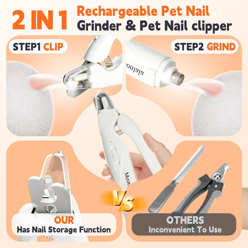 2-in-1 Dog Nail Trimmers & Dog Nail Grinder with 2 LED Lights, Ultra-Quiet, USB Rechargeable, Multiple Grinding Methods, and Splash Guard for Small, Medium, and Large Dogs & Cats (White) - PawsPlanet Australia