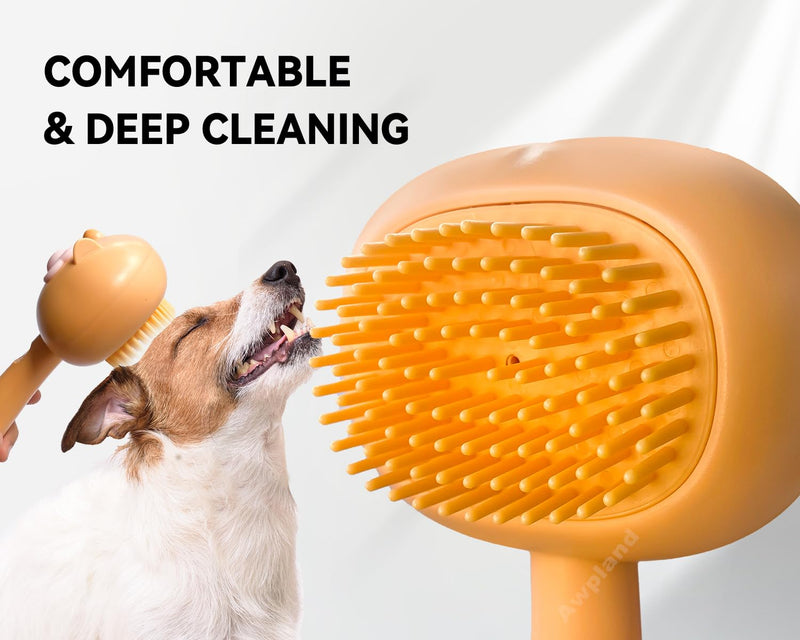 Soft Dog Bath Brush with Shampoo Dispenser, Hair Brush for Bathing and Shedding, Deep Cleaning Dog Bath Scrubber Supplies for Short Long Haired Dogs and Cats Orange - PawsPlanet Australia