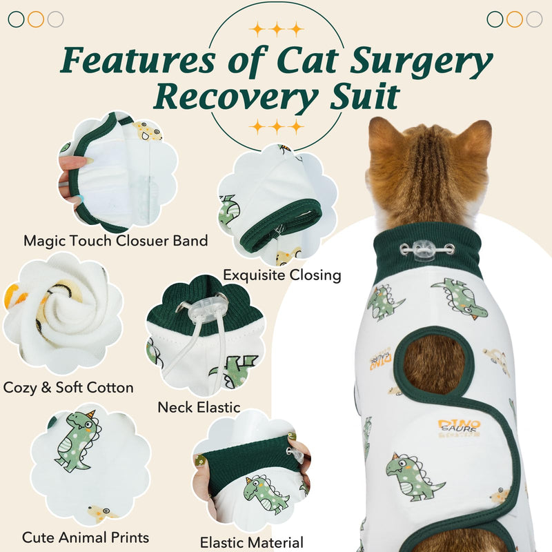 DENTRUN Cat Surgery Recovery Suit Female Male Soft Onesie, Kitten Surgical Collar Cone Alternative Shirt, Abdominal Wounds Anti-Licking Pajama for Small Pets Spay, Cat Body Suit Post Surgery XL Green Dinosaur - PawsPlanet Australia