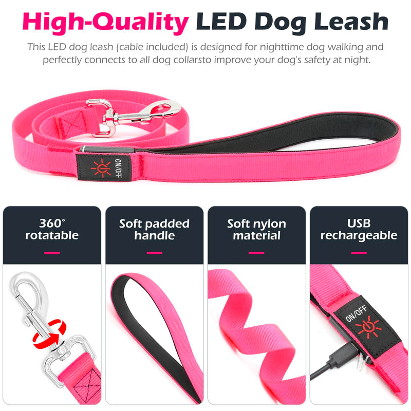 LED Dog Leash with Light - 4 Feet, Rechargeable, Nylon Webbing, Glow Safety Standard Dog Leash (Pink) Pink - PawsPlanet Australia