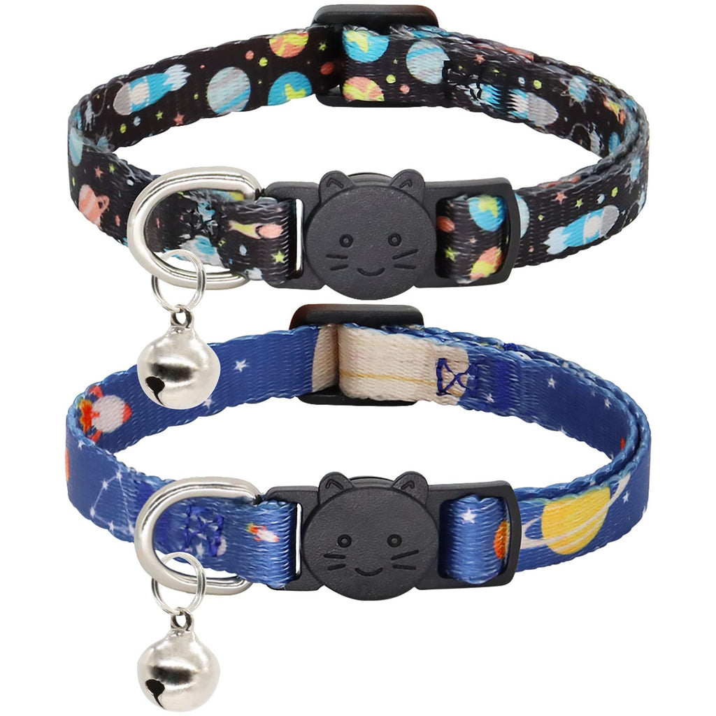 Cat Collar, 2 Pack Breakaway Collar with Bells, Safety Buckle Kitten Collars for Boy and Girl Cats, Star and Moon 7-11''