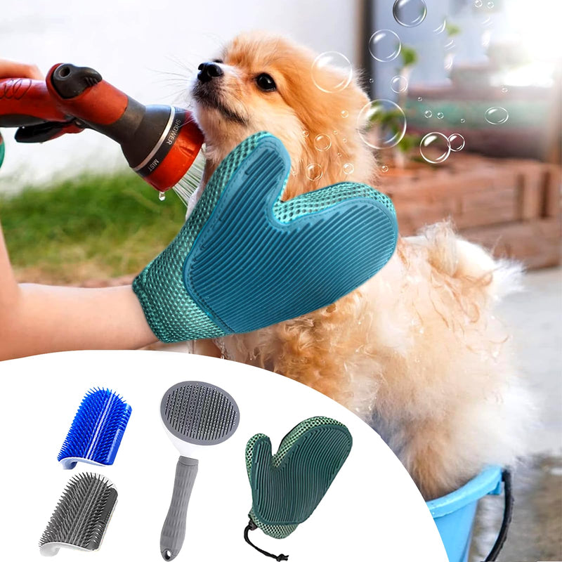 4-Piece Cat Grooming Set: Self-Cleaning Slicker Brush, Brush Glove, and 2 Wall Scratchers for Shedding, Detangling, and Relaxing Care for Cats with All Fur Types.
