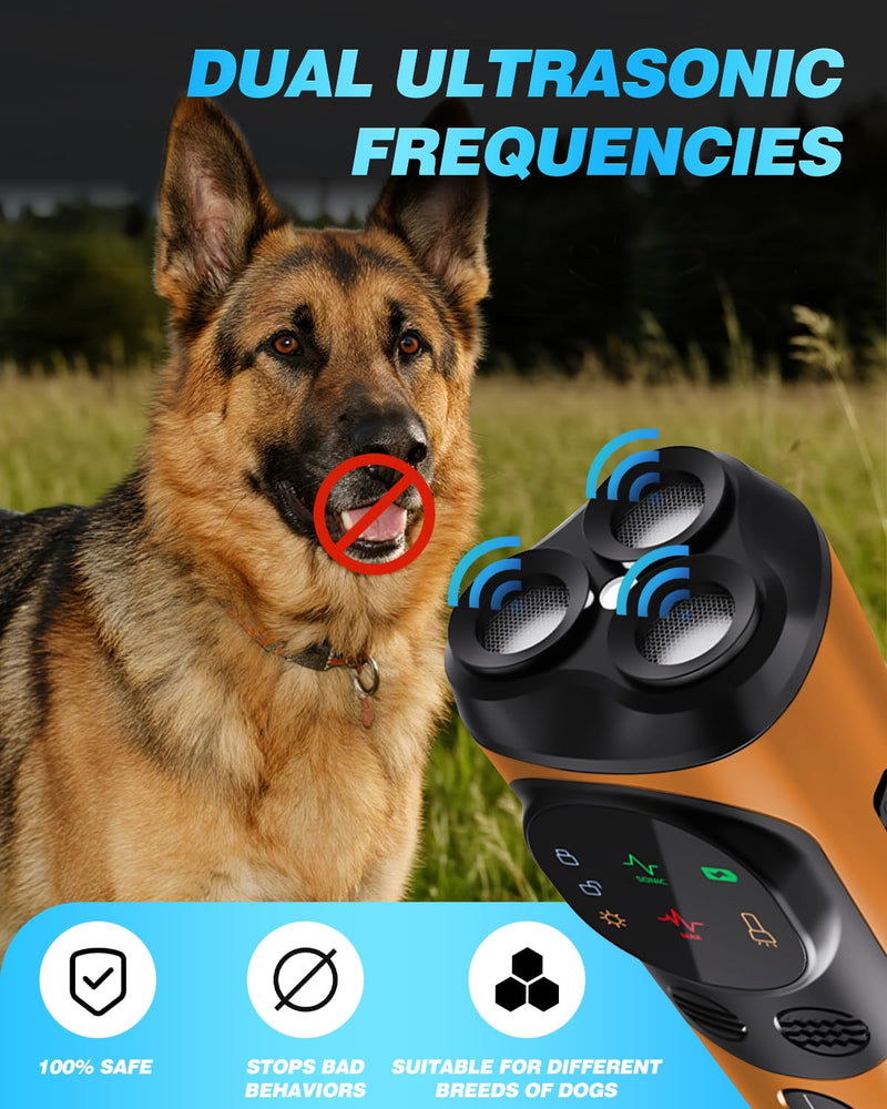 2025 Ultrasonic Dog Bark Deterrent Devices with 3 Emitters & SOS Flashlight, Humane Anti-Bark Trainer, 50FT Range, 90-Day Battery, Multi-Mode Rechargeable Dog Deterrent for Indoor & Outdoor Use Orange - PawsPlanet Australia