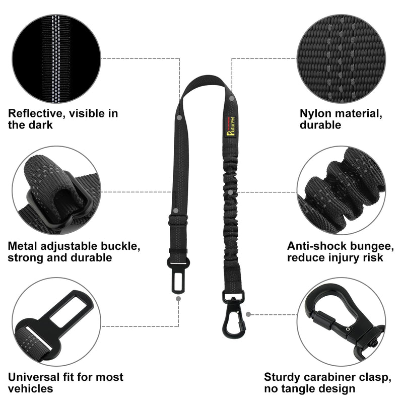 Plutus Pet Dog Seat Belt for Car, Adjustable Dog Car Harness with Carabiner Clip, Reflective Safety Dog Seatbelt Leash with Elastic Bungee, Black - PawsPlanet Australia