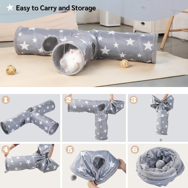 JanYoo Bunny Tunnel Rabbit Hideout Bunny Toys for Rabbits Accessories Guinea Pig Ferret Kitty 3 Ways Collapsible Tunnels Grey - PawsPlanet Australia