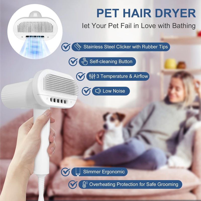 L&W BROS. Low Noise Pet Dryer for Small Dogs - 2-In-1 Indoor Grooming Dryer with Slicker Brush, Adjustable Temperature and Overheating Protection (White) White - PawsPlanet Australia